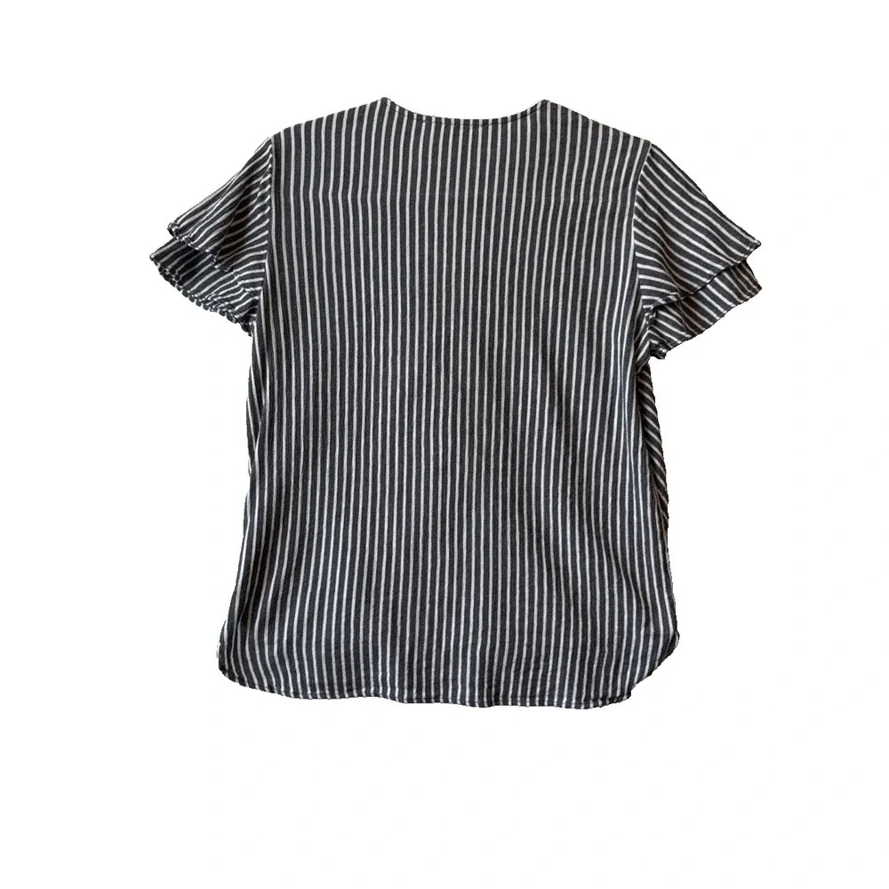 Michael Kors Blue White Striped Ruffle Flutter Sleeve Wrap Bubble Top S Nautical